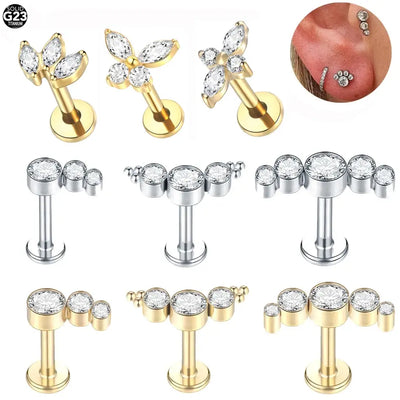 1Pc G23 Titanium Ear Tragus Earring Stud Internally Threaded CZ Crystal Labret Ring Cartilage Helix Piercing Body Jewelry 16G